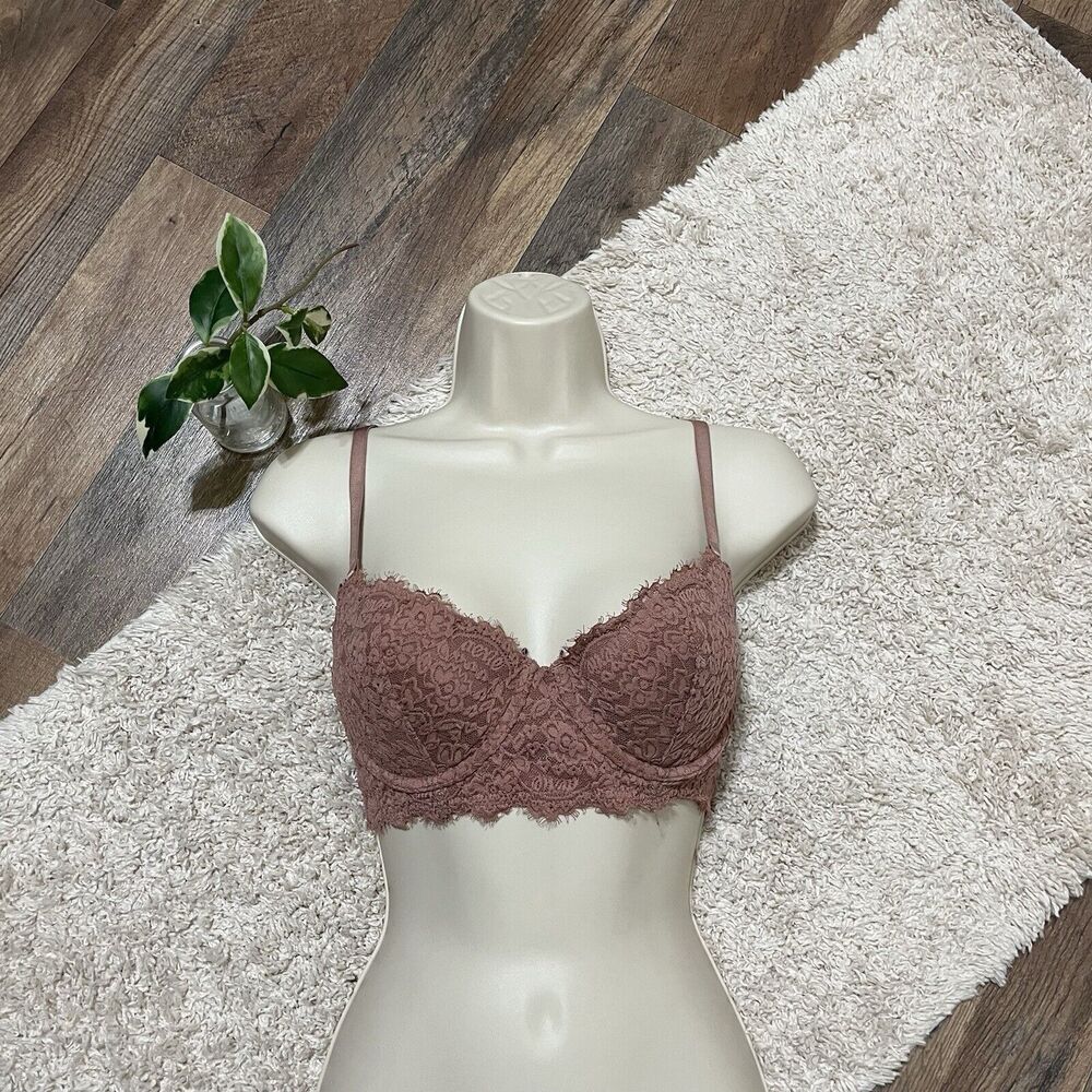 Aerie Size 32D Pink Eyelash Lace Underwire Power Plunge Unlined Bra